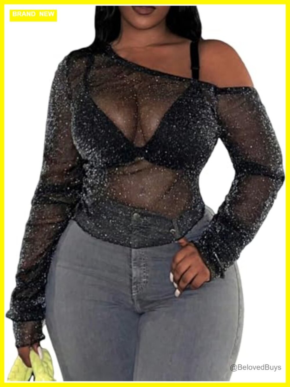 Women's Plus Size Sheer Glitter Mesh Off Shoulder Long Sleeve Top